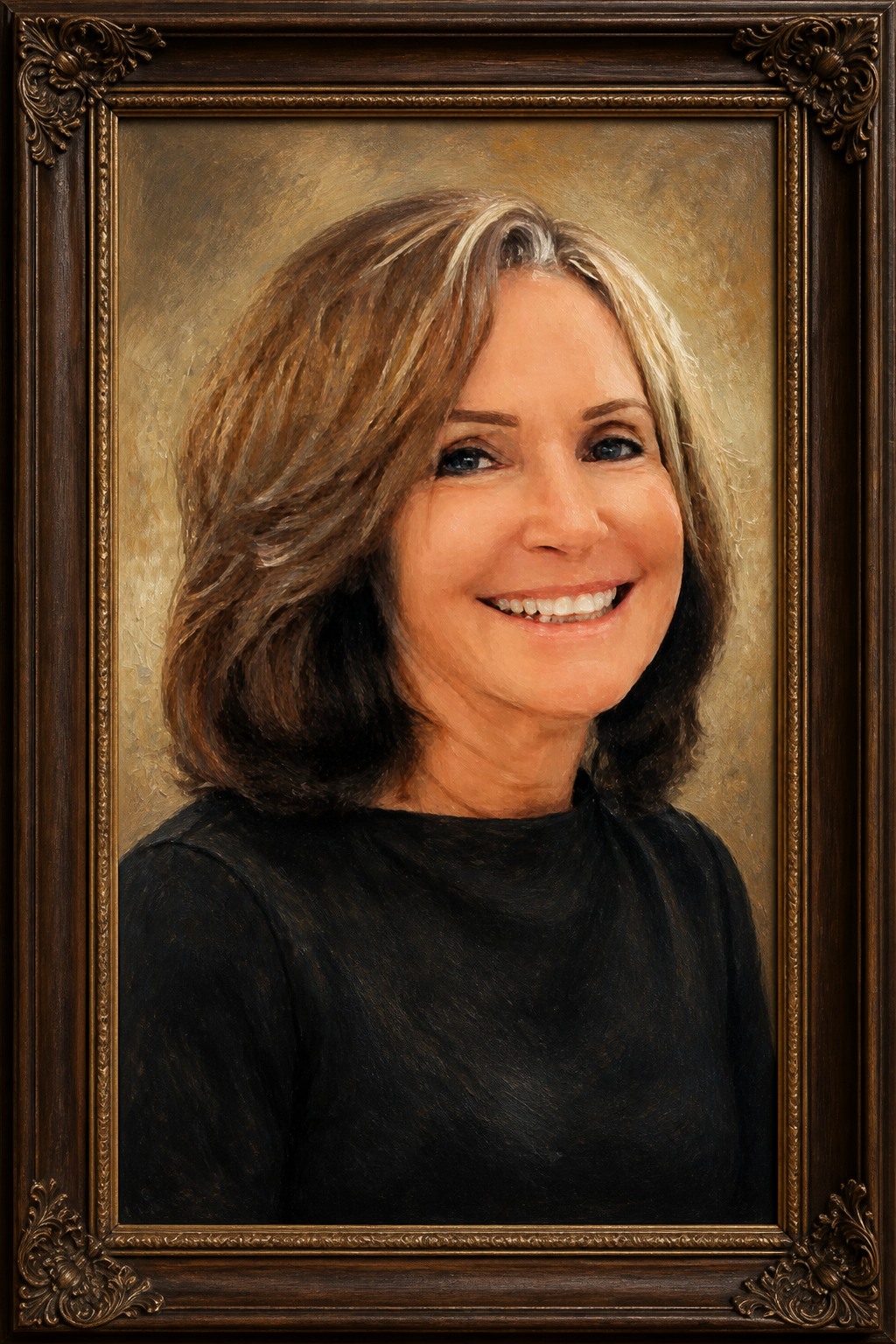 Oil-painted portrait of ArtSouth Board Chair Janis Klein Cohen in an ornate wooden frame