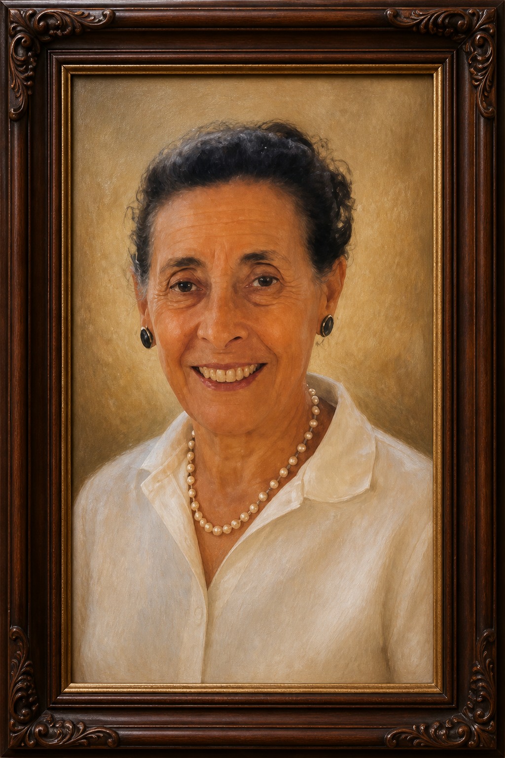 Oil-painted portrait of ArtSouth Board Secretary Beatriz Herrmann in an ornate wooden frame