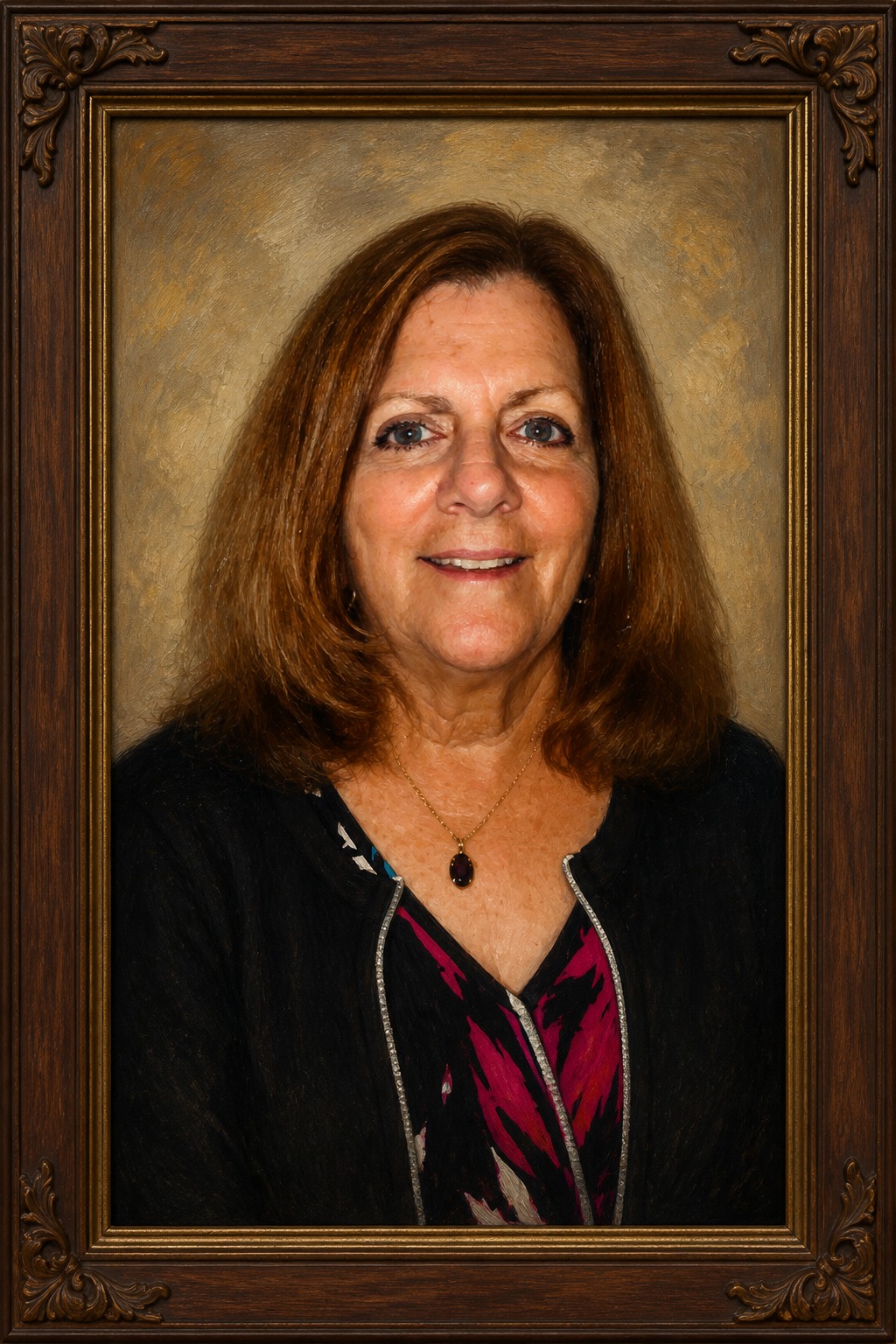 Oil-painted portrait of ArtSouth Board Treasurer Wendy Robbins in an ornate wooden frame