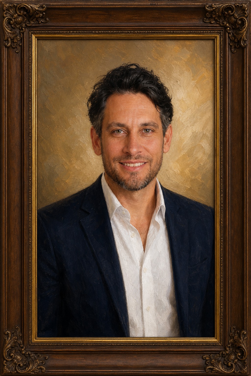 Oil-painted portrait of ArtSouth Executive Artistic Director Michelangelo Vinci in an ornate wooden frame