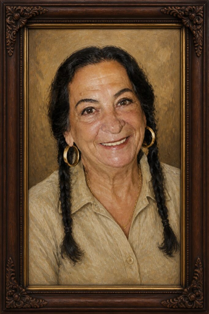 Oil-painted portrait of ArtSouth founder Ellie Schneiderman in an ornate wooden frame