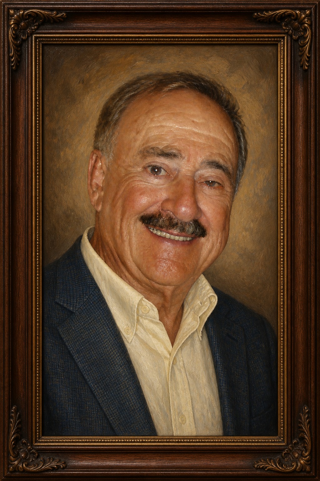 Oil-painted portrait of ArtSouth founder Stanley Levine in an ornate wooden frame