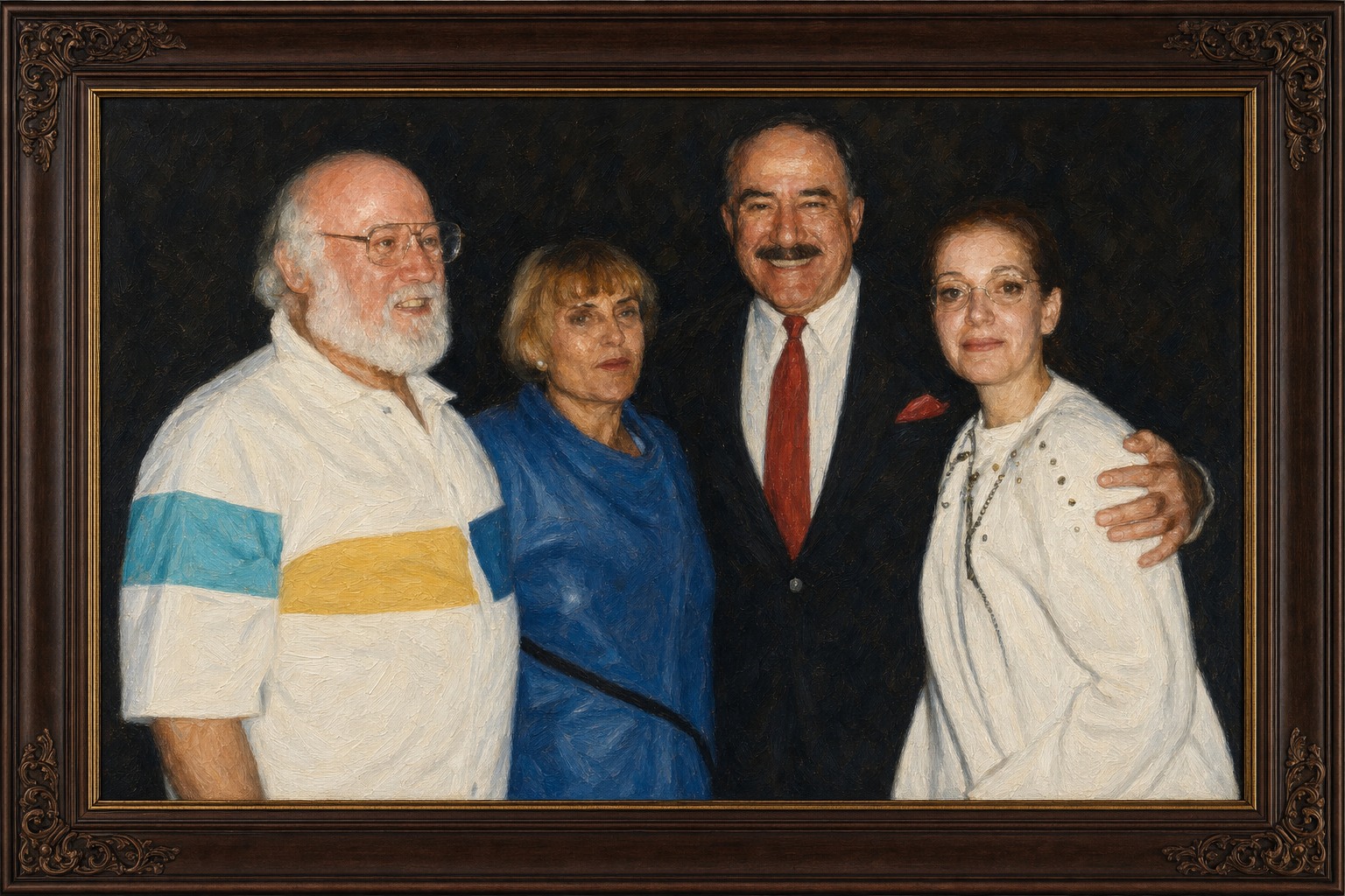 Oil-painted group portrait of four ArtSouth founders and supporters in an ornate wooden frame