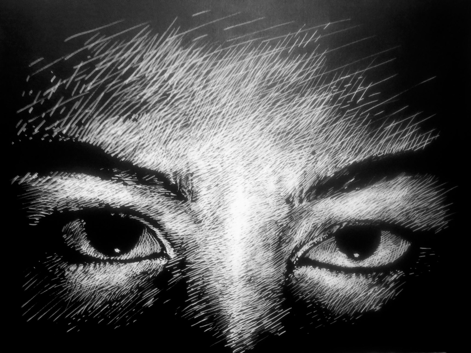 Black-and-white artwork by Azizi DeSouza depicting a close-up of two eyes